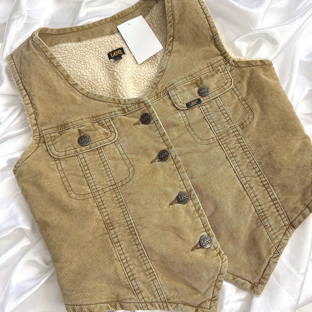Lee Corduroy Sherpa Lined Vest Tan Brown Western Cinch Back Women Size M NEW